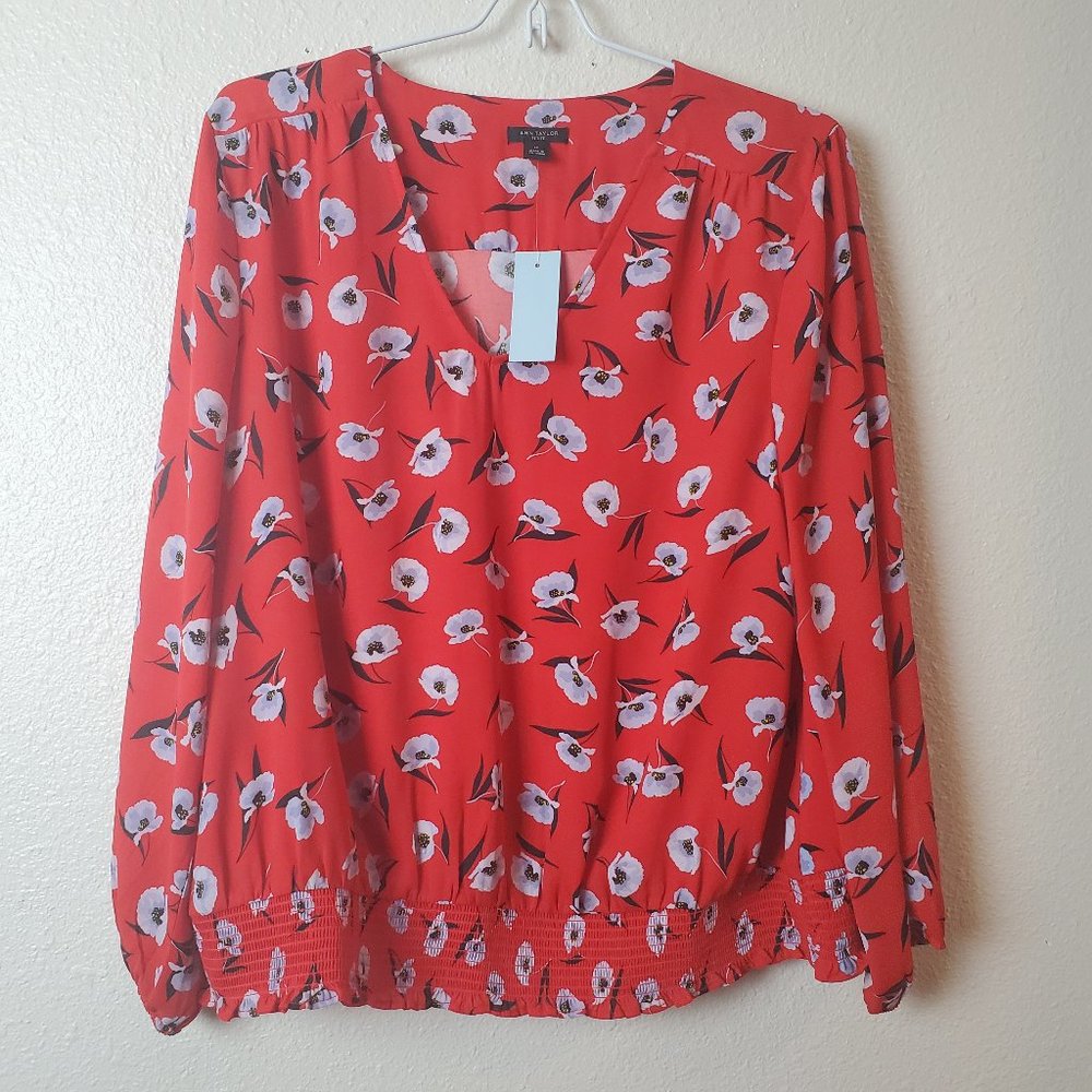 ANN TAYLOR Petite Red Floral Gathered Blouse NWT